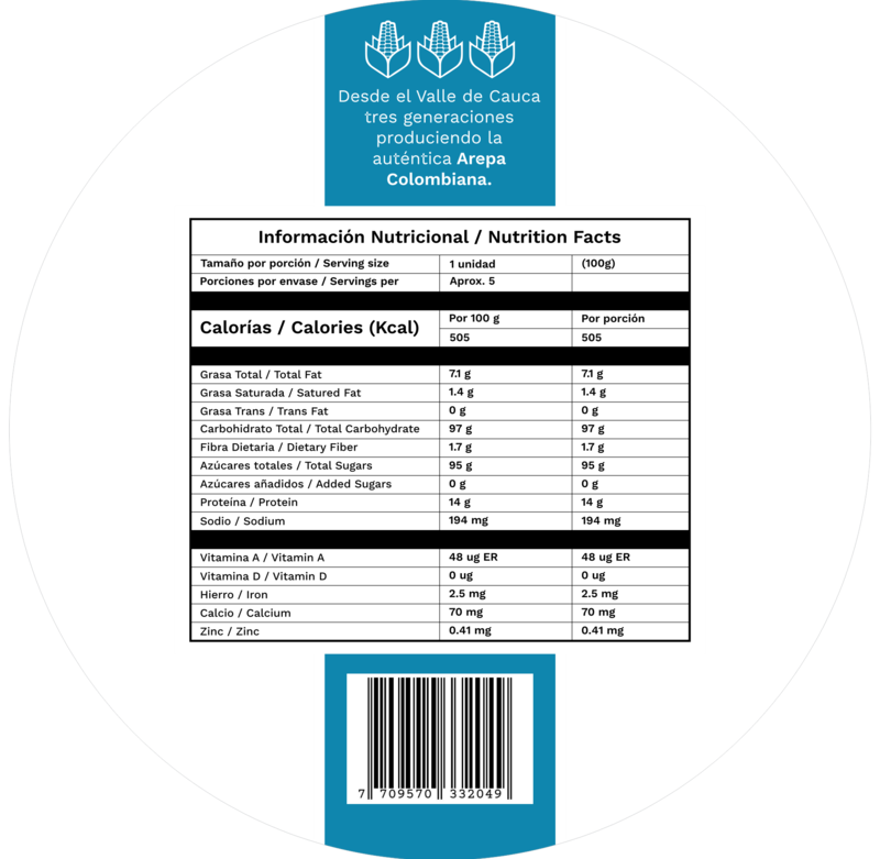Imagen de la etiqueta con la tabla de información nutricional del empaque de Rellena Minis (Rellena Minis — 5 unidades, 500 g)